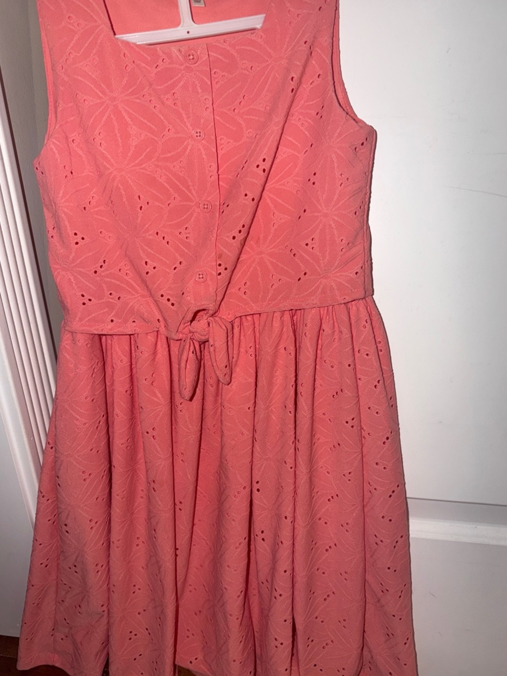 Girls Coral Eyelet Tie-Waist Casual Dress